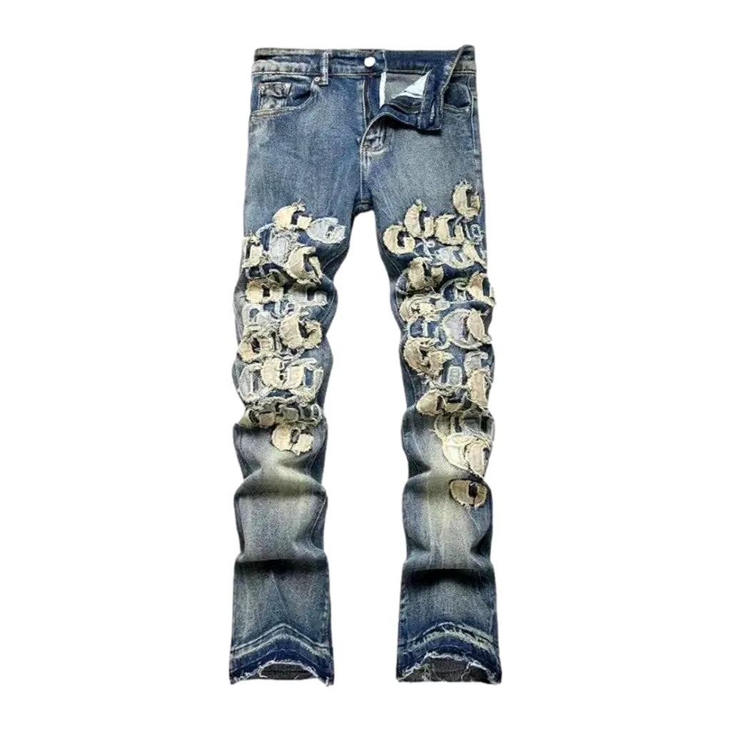 Embroidered Vintage Style Jeans for Men - Blue