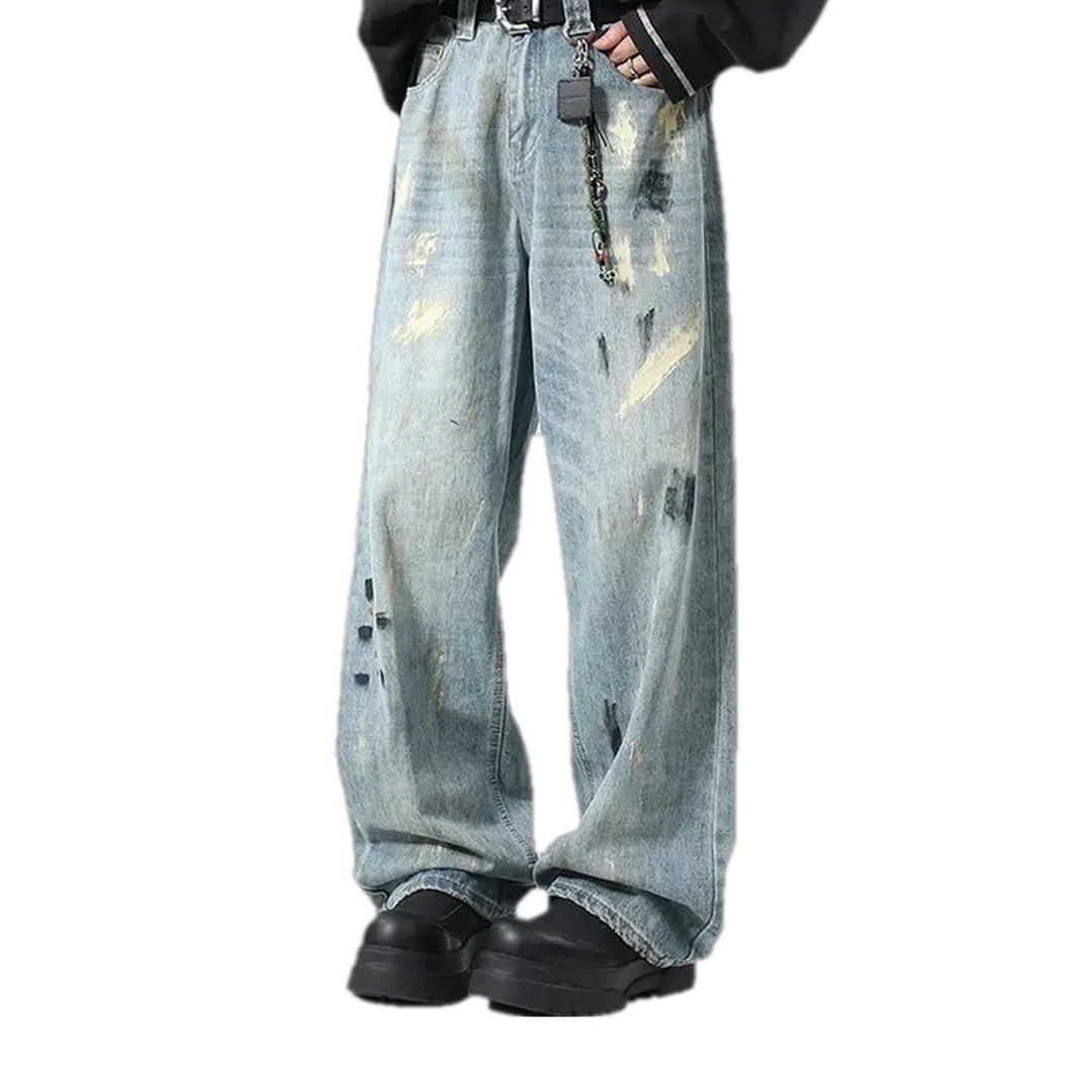 Medium Rise Painted Street Style Men's Jeans - Light Blue